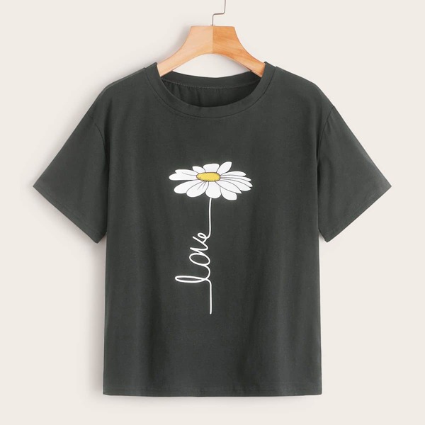 

Floral Print Basic Tee, Grey