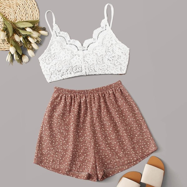 

Lace Panel Tie Back Cami Top With Ditsy Floral Shorts