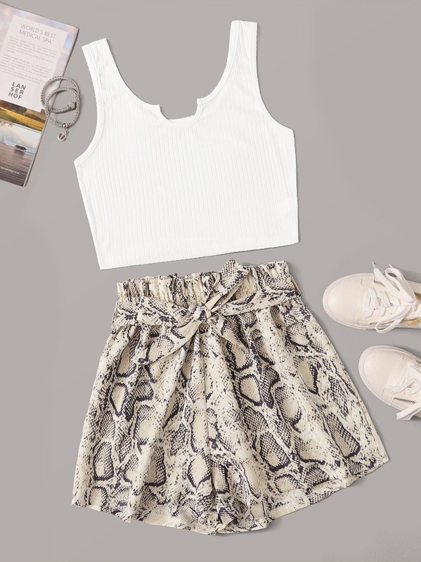 

Ribbed Tank Top With Snakeskin Belted Paperbag Shorts, Multicolor