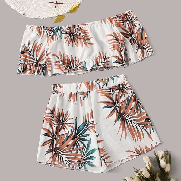 Tropical Print Off Shoulder Top With Shorts
