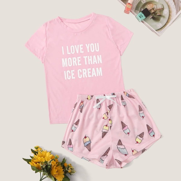 

Ice Cream & Letter Print Pajama Set