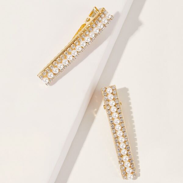 

Rhinestone & Faux Pearl Decor Hair Clip 1pair, Gold