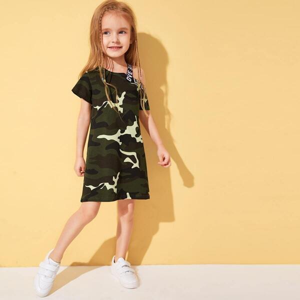 

Toddler Girls Tape Asymmetrical Neck Camo Pattern Dress