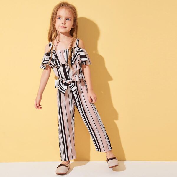 

Toddler Girls Vertical-striped Ruffle Self Tie Jumpsuit, Multicolor