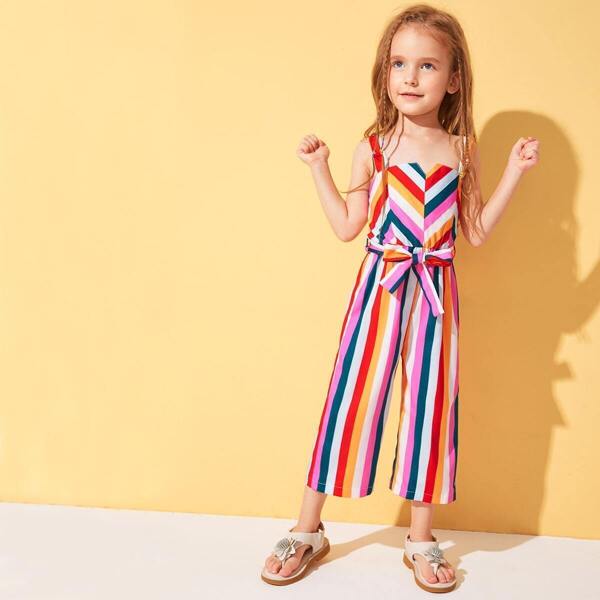 

Toddler Girls Vertical-striped V-cut Self Tie Jumpsuit