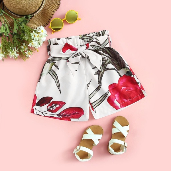 

Toddler Girls Large Floral Print Belted Paperbag Shorts
