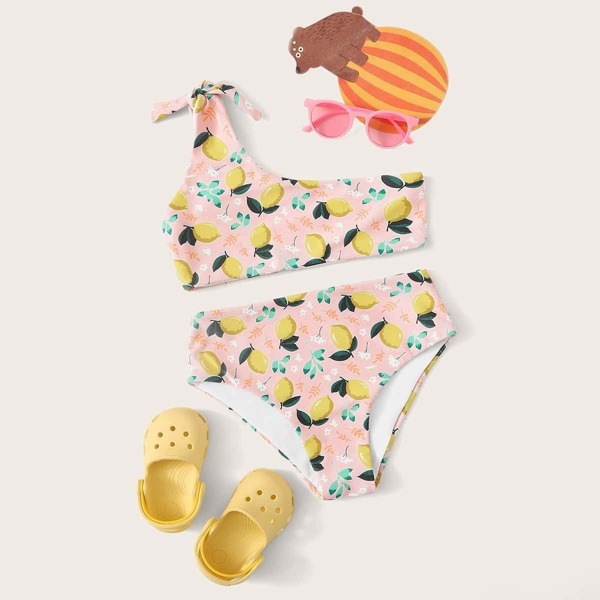 

Girls Lemon Print One Shoulder Bikini Set, Multicolor