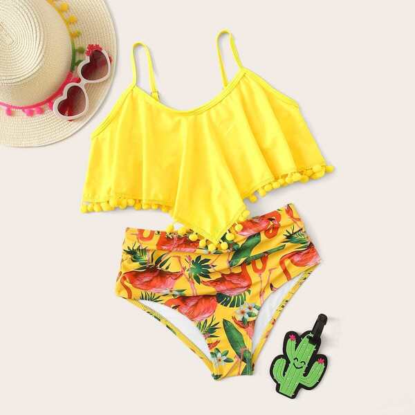 

Girls Pom-pom Trim Hanky Top With Tropical Bikini Set