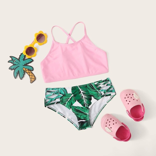 

Girls Criss Cross Top With Tropical Bikini Set