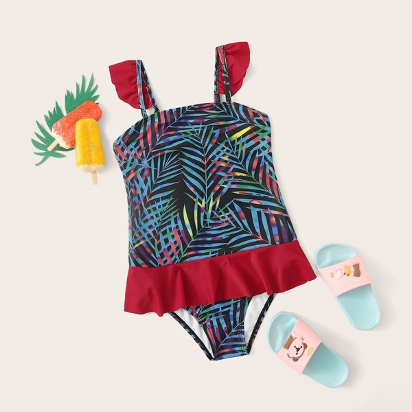 

Girls Tropical Ruffle Trim One Piece Swimwear, Multicolor