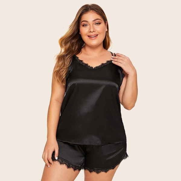 

Plus Lace Trim Satin Criss Cross Pajama Set