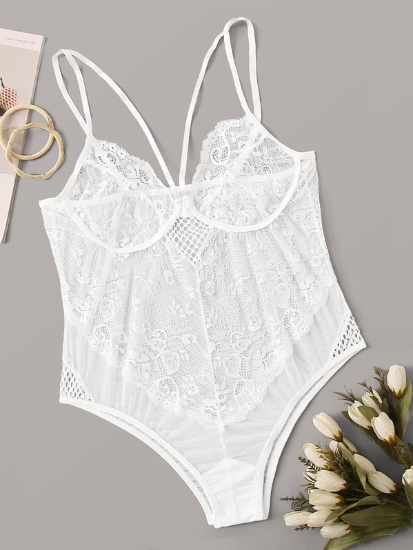 

Plus Floral Lace Harness Teddy Bodysuit, White