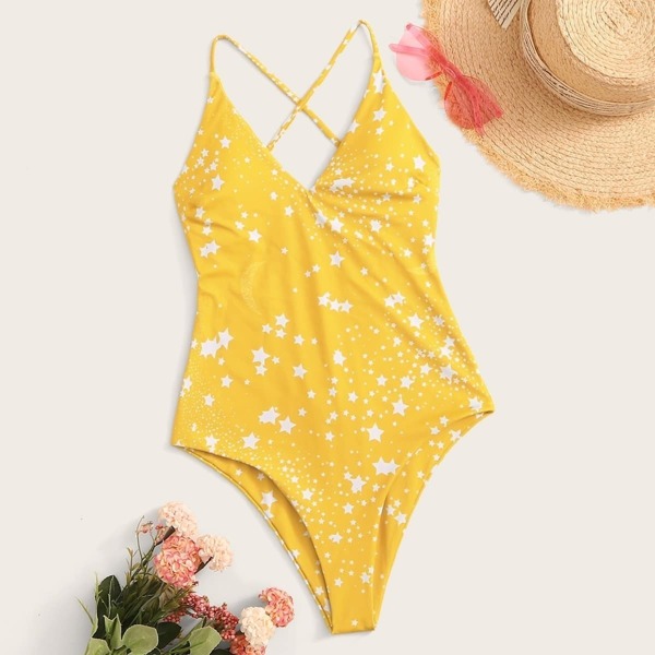 

Star Print Lace Up One Piece Swimwear