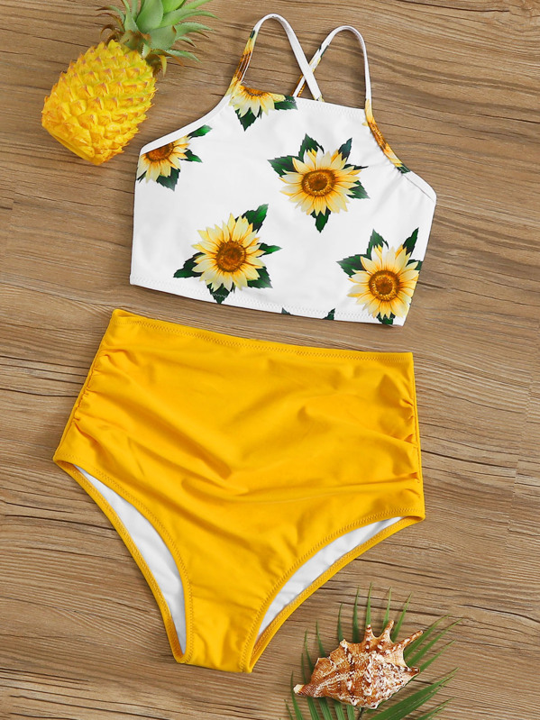 

Sunflower Print Lace Up Back Bikini Set, Yellow