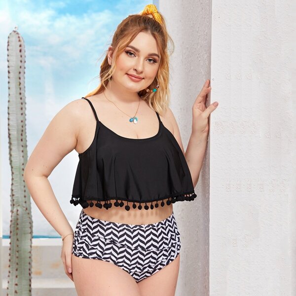 

Plus Pom-pom Floaty Top With Chevron Bikini Set, Black