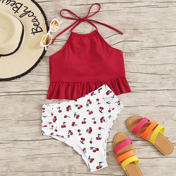 

Ruffle Hem Halter Top With Cherry Bikini Set