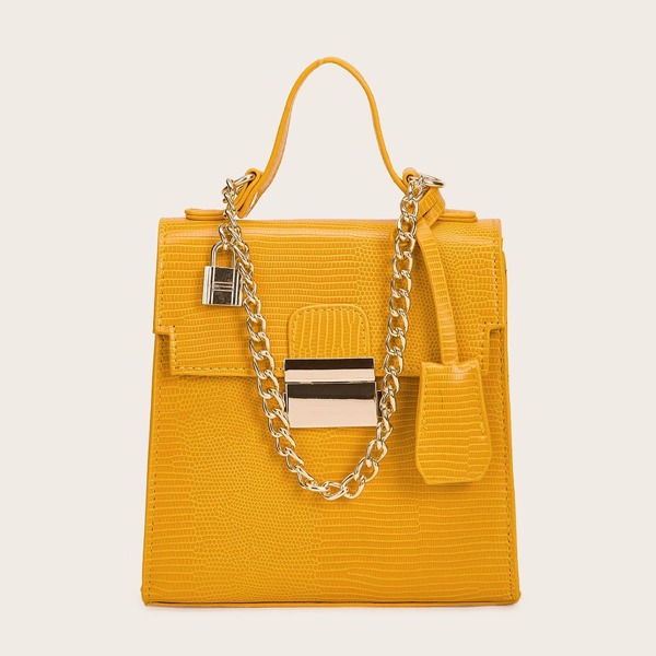 

Croc Embossed Satchel Bag With Chain Handle, Yellow