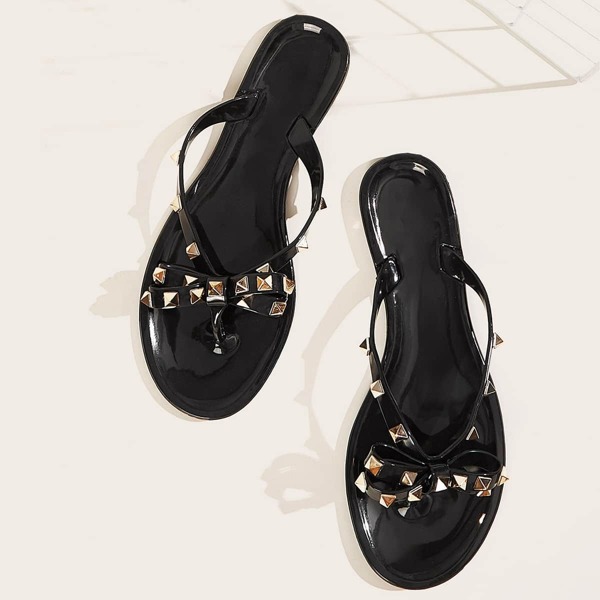 

Studded Bow Decor Flat Sliders, Black
