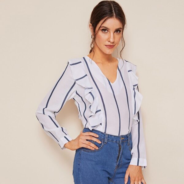 

V Neckline Ruffle Stripe Blouse