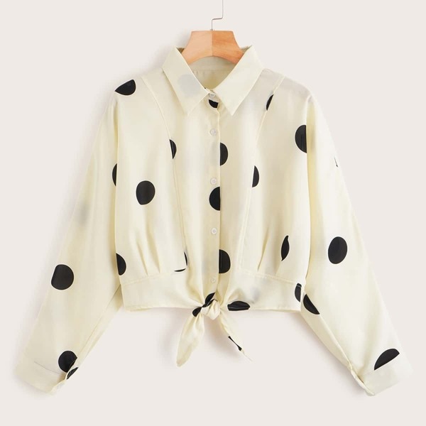 

Knot Front Dot Print Crop Blouse