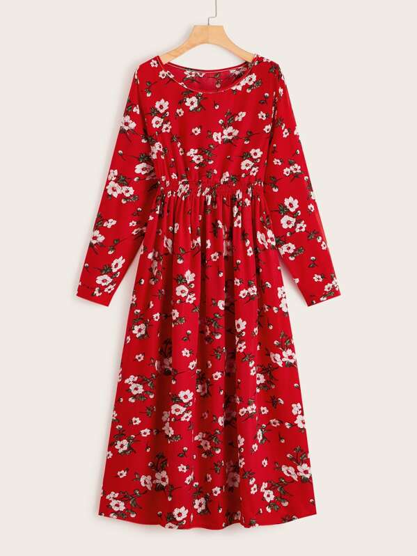 

Allover Floral Elastic Waist Dress, Red