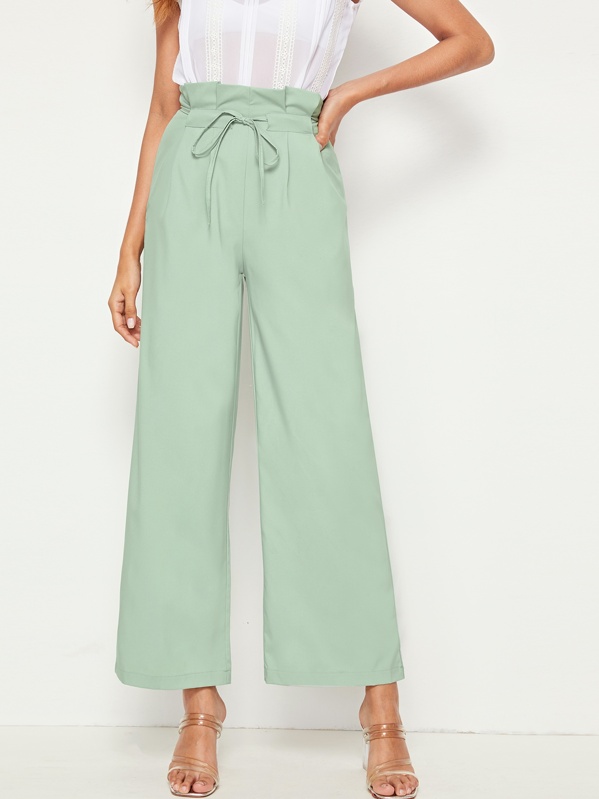 

Drawastring Waist Wide Leg Paperbag Pants, Green, Gabi