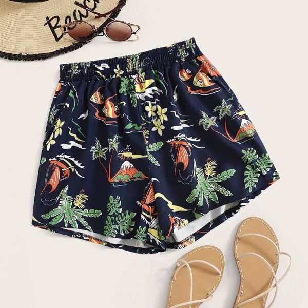 

Cartoon Print Elastic Waist Shorts