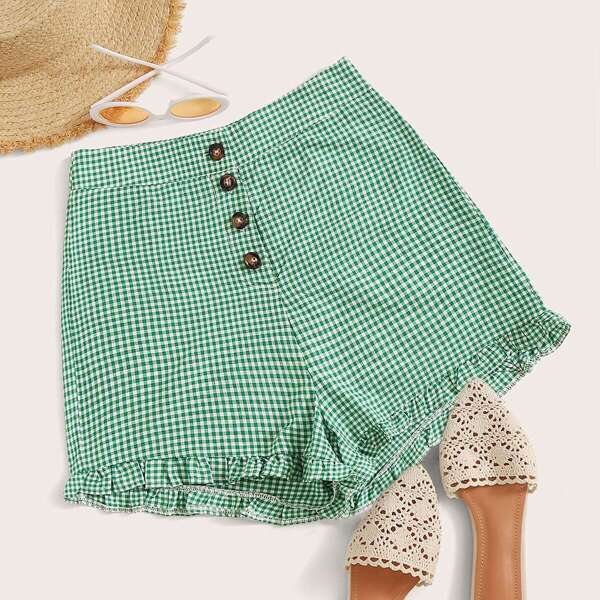 

Button Front Gingham Ruffle Hem Shorts
