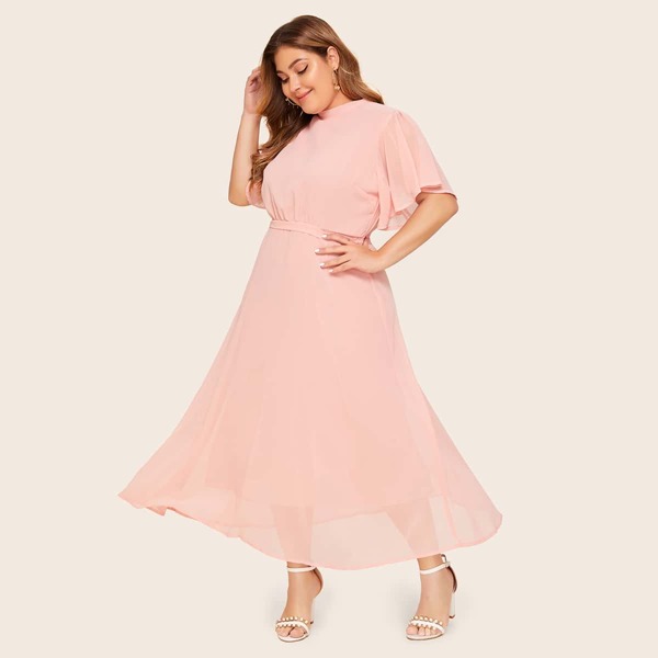 

Plus Cutout Tie Back Flutter Sleeve Dress, Pink pastel