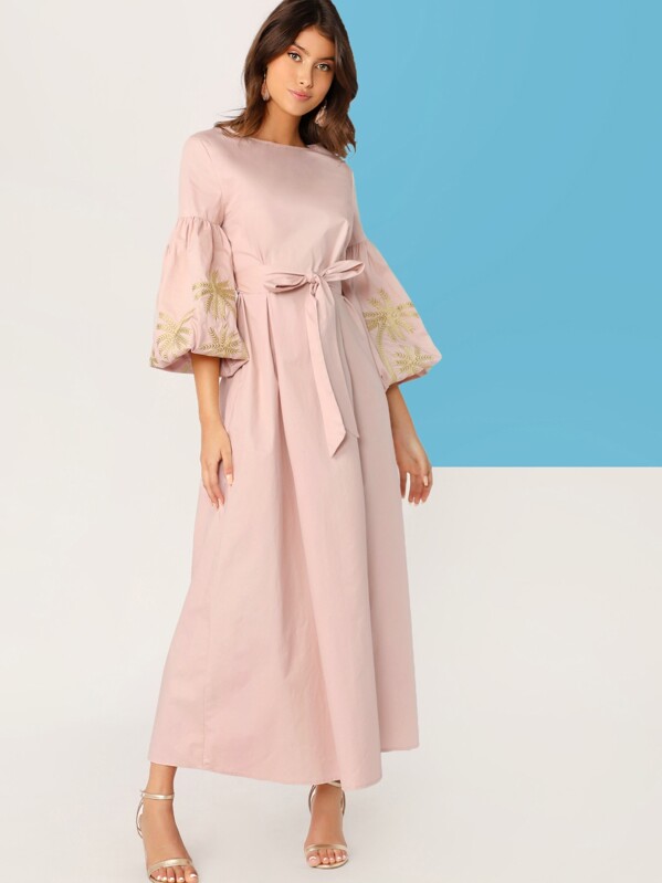

Embroidery Lantern Sleeve Self Belted Dress, Pink, Lisi Witt
