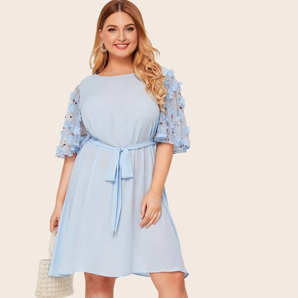 

Plus Embroidered Mesh Appliques Belted Dress, Blue pastel