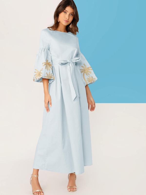 

Embroidery Detail Lantern Sleeve Belted Dress, Blue, Lisi Witt