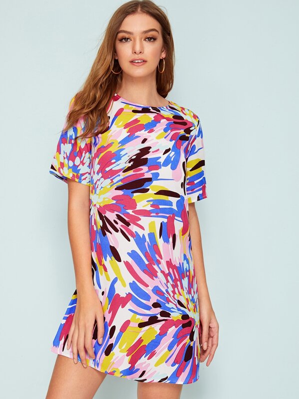 

Keyhole Back Colorful Brush Stroke Print Dress, Multicolor, Luiza