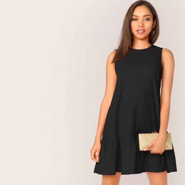 

Solid Ruffle Hem Sleeveless Dress