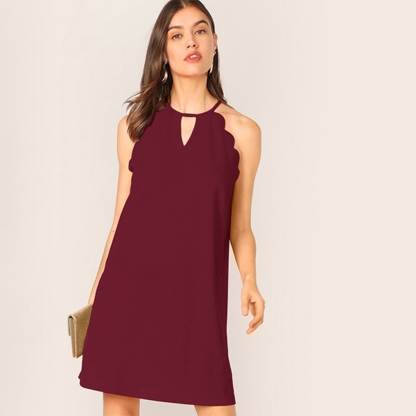

Solid Scallop Trim Peekaboo Halter Dress