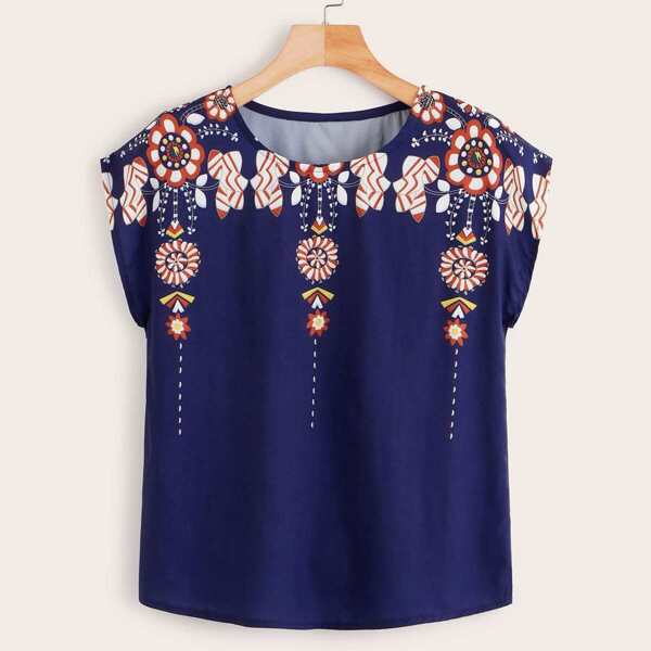 

Floral Print Tribal Cap Sleeve Blouse