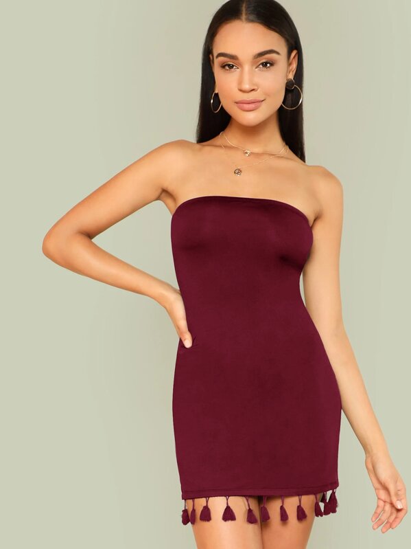 

Tassel Hem Bodycon Tube Dress, Burgundy, Juliette