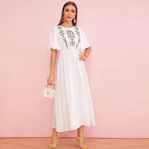 

Embroidered Botanical Detail Flutter Sleeve Dress, White
