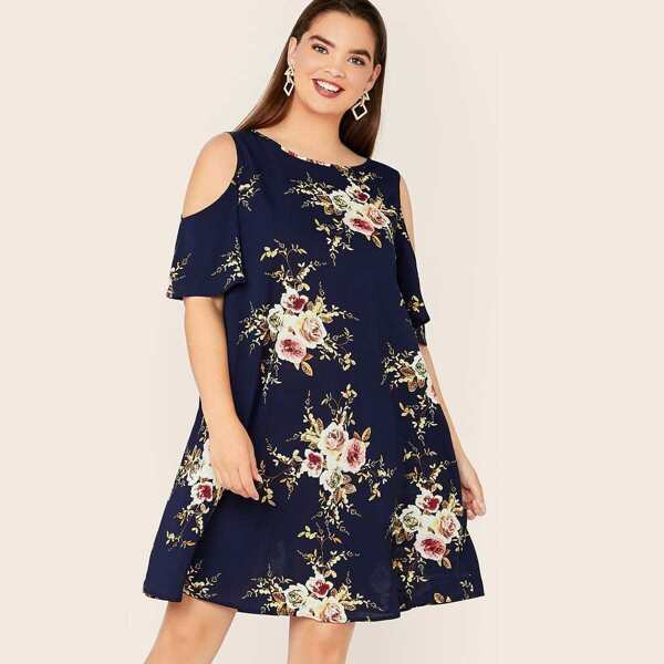 

Plus Floral Print Cold Shoulder Dress, Navy