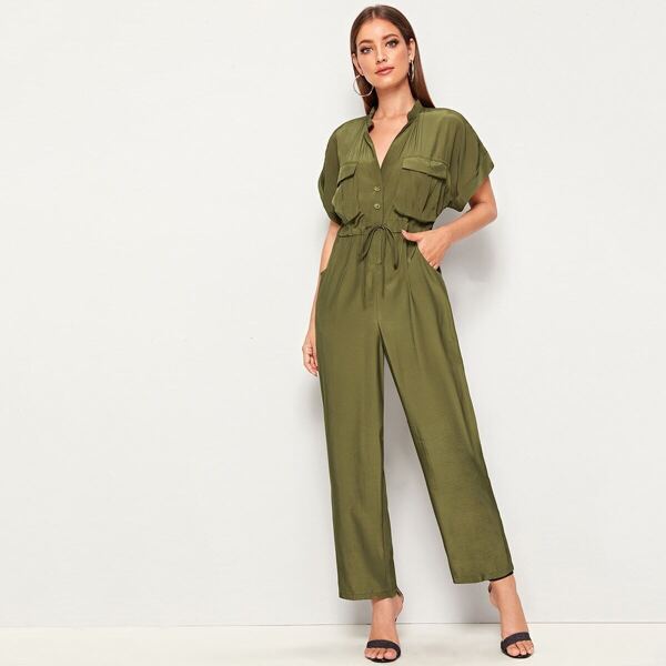 

Drawstring Waist Button Pocket Front Roll Up Sleeve Jumpsuit