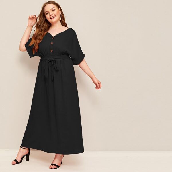 

Plus Batwing Sleeve Buttoned Front Self Belted Dress, Black