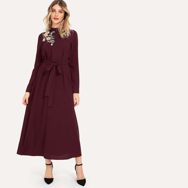 

Flower Embroidered Mock-neck Belted Dress, Burgundy