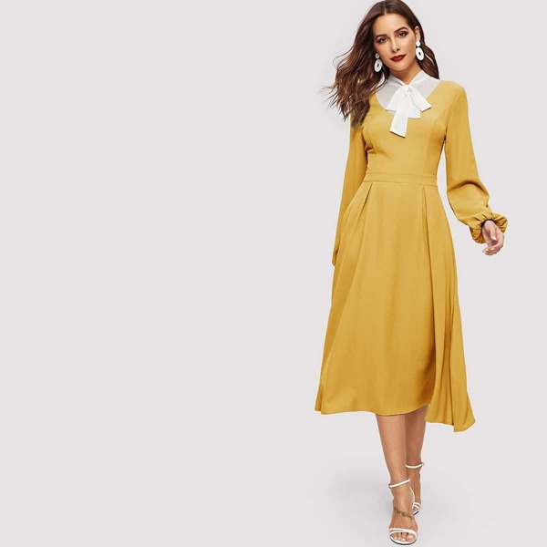 

Tie Neck Lantern Sleeve Pleated Detail Dress, Yellow