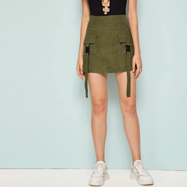 

Double Pocket Belted Decoration Zip Back Skirt, Army green