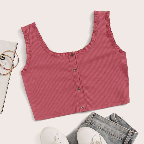 

Button Front Ribbed Knit Cami Top, Red