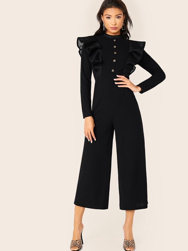 

Button Front Mesh Ruffle Wide Leg Jumpsuit, Black, Kiele Montgomery