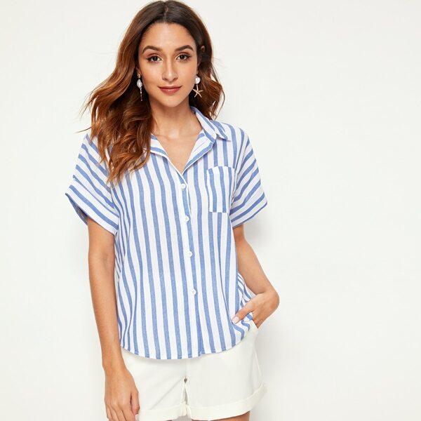 

Striped High Low Pocket Button Front Blouse