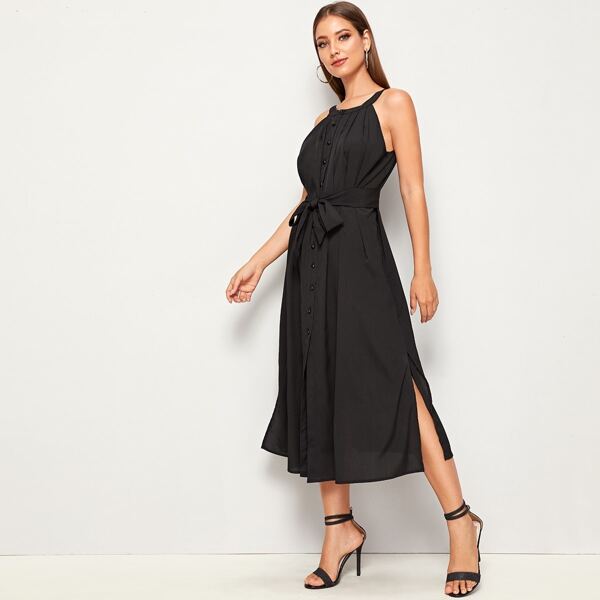 

Belted Button Front Side Slit Halter Dress, Black
