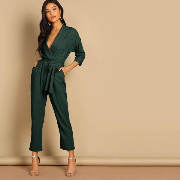 

Plunging Neck Slant Pocket Self Belted Blazer Jumpsuit
