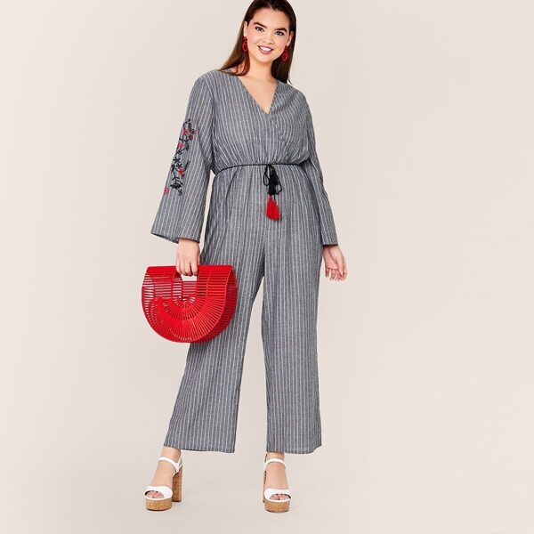 

Plus Striped Embroidered Flower Fringe Belt Jumpsuit, Grey